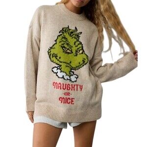 American Eagle Grinch Sweater M Beige Oversized Cozy Comfy Winter Fall